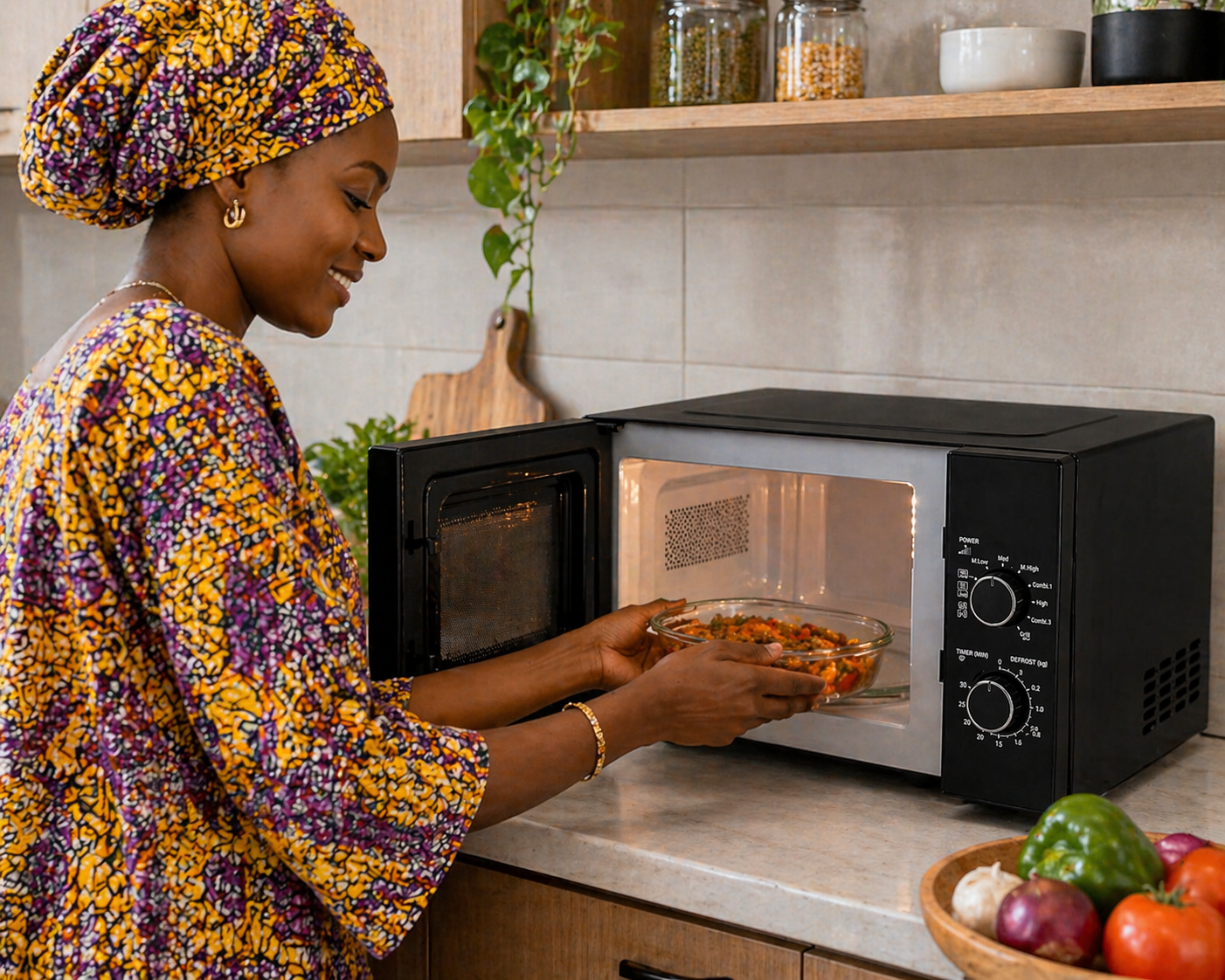 Femme sénégalaise utilisant un micro-ondes Astech 20L dans une cuisine moderne