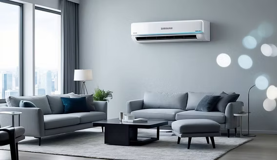 ALT : Climatiseur Samsung 12000 BTU dans un salon moderne confort optimal