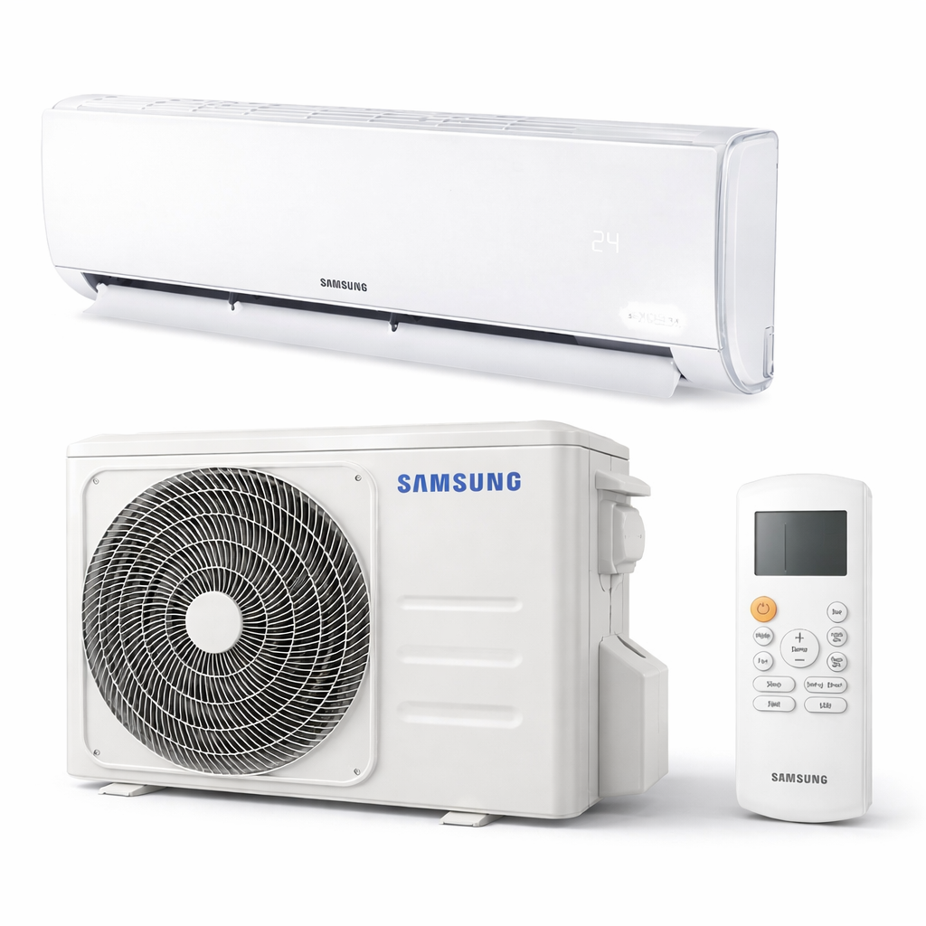Climatiseur Samsung 24000 BTU 3CV vue angle avec télécommande – refroidissement puissant et silencieux