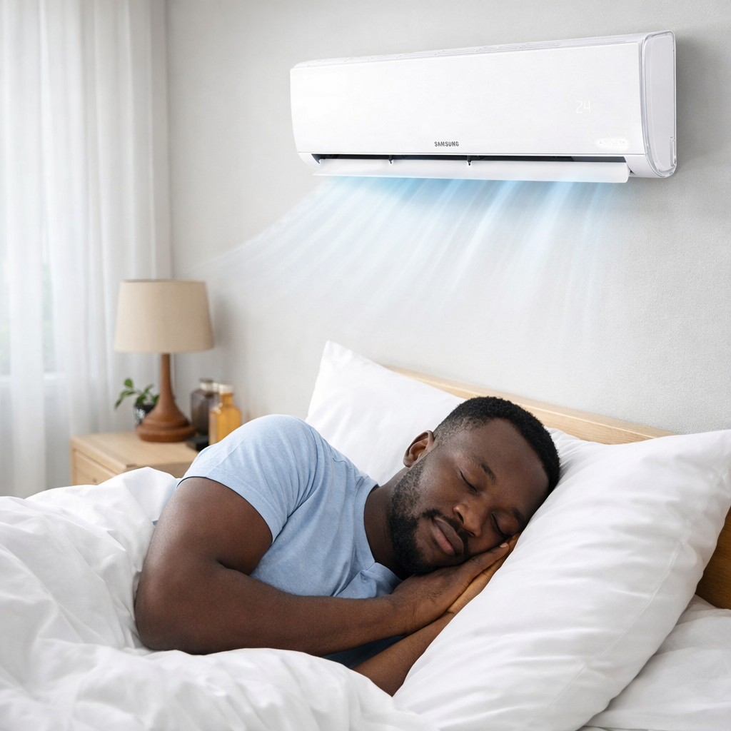 Climatiseur Samsung en fonctionnement dans une chambre – confort et sommeil paisible à Dakar