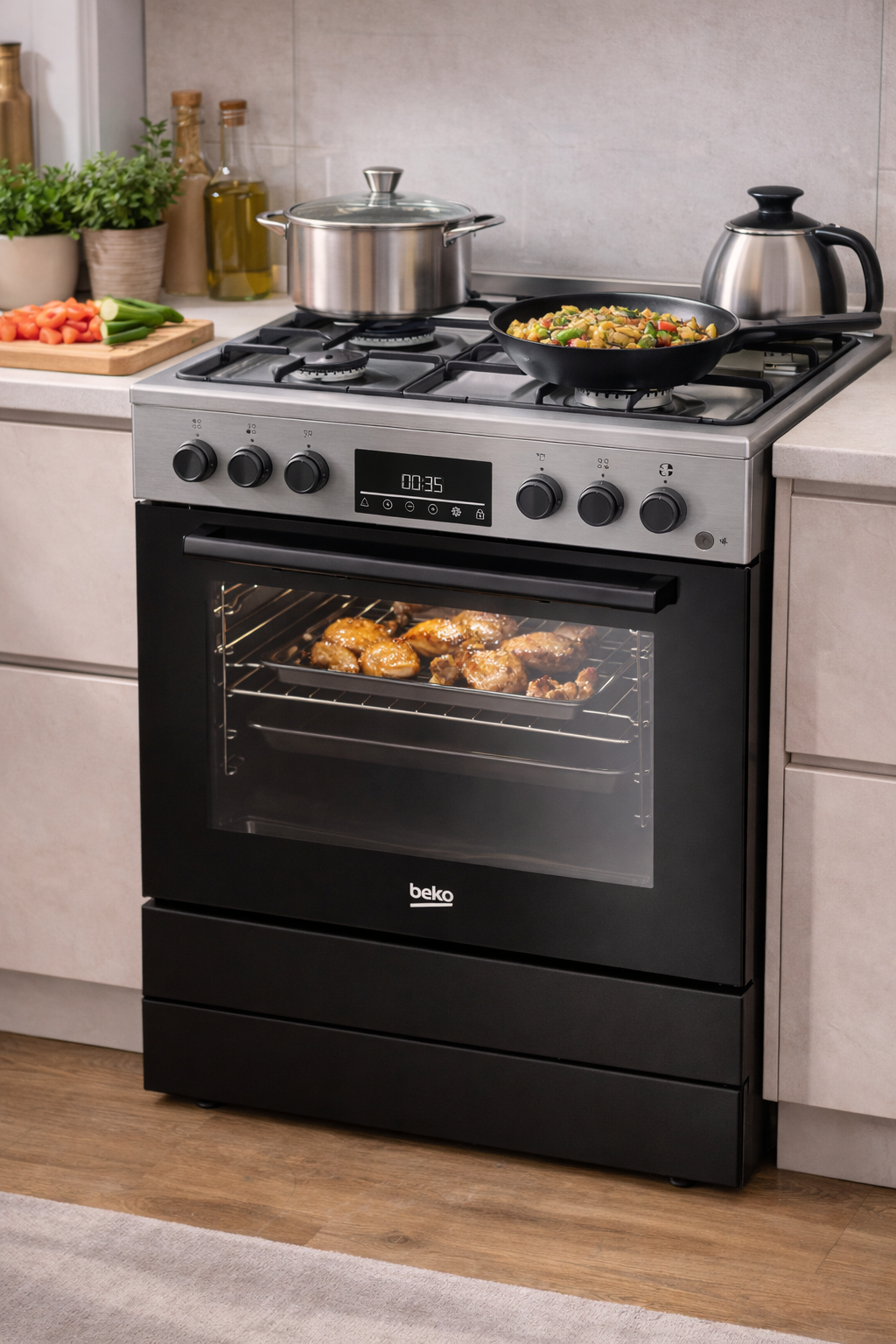 Cuisinière BEKO en utilisation cuisson avec plusieurs plats