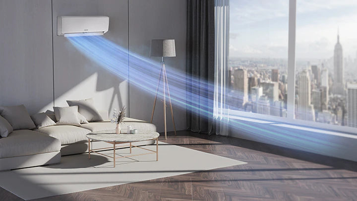 Climatiseur Samsung 18000 BTU installé dans un salon moderne pour grande pièce avec refroidissement puissant