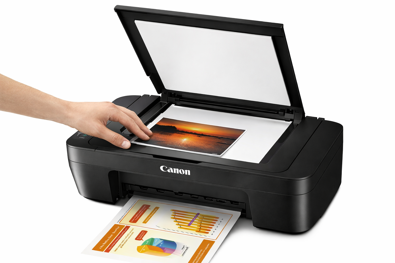 Imprimante Canon Pixma MG2540S en train d’imprimer un document couleur
