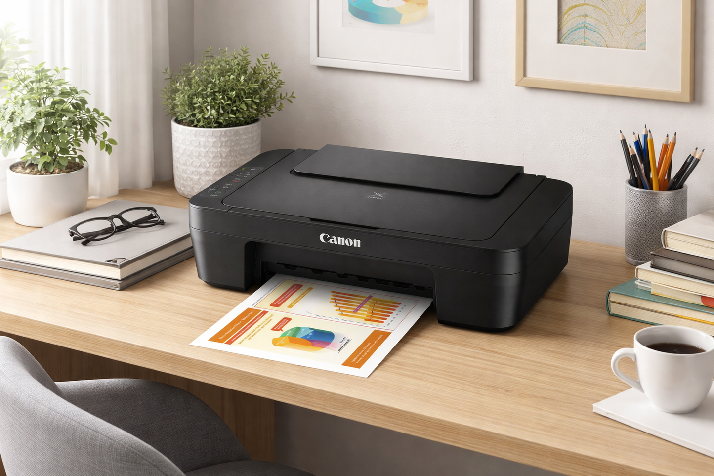 Imprimante Canon Pixma MG2540S en train d’imprimer un document couleur