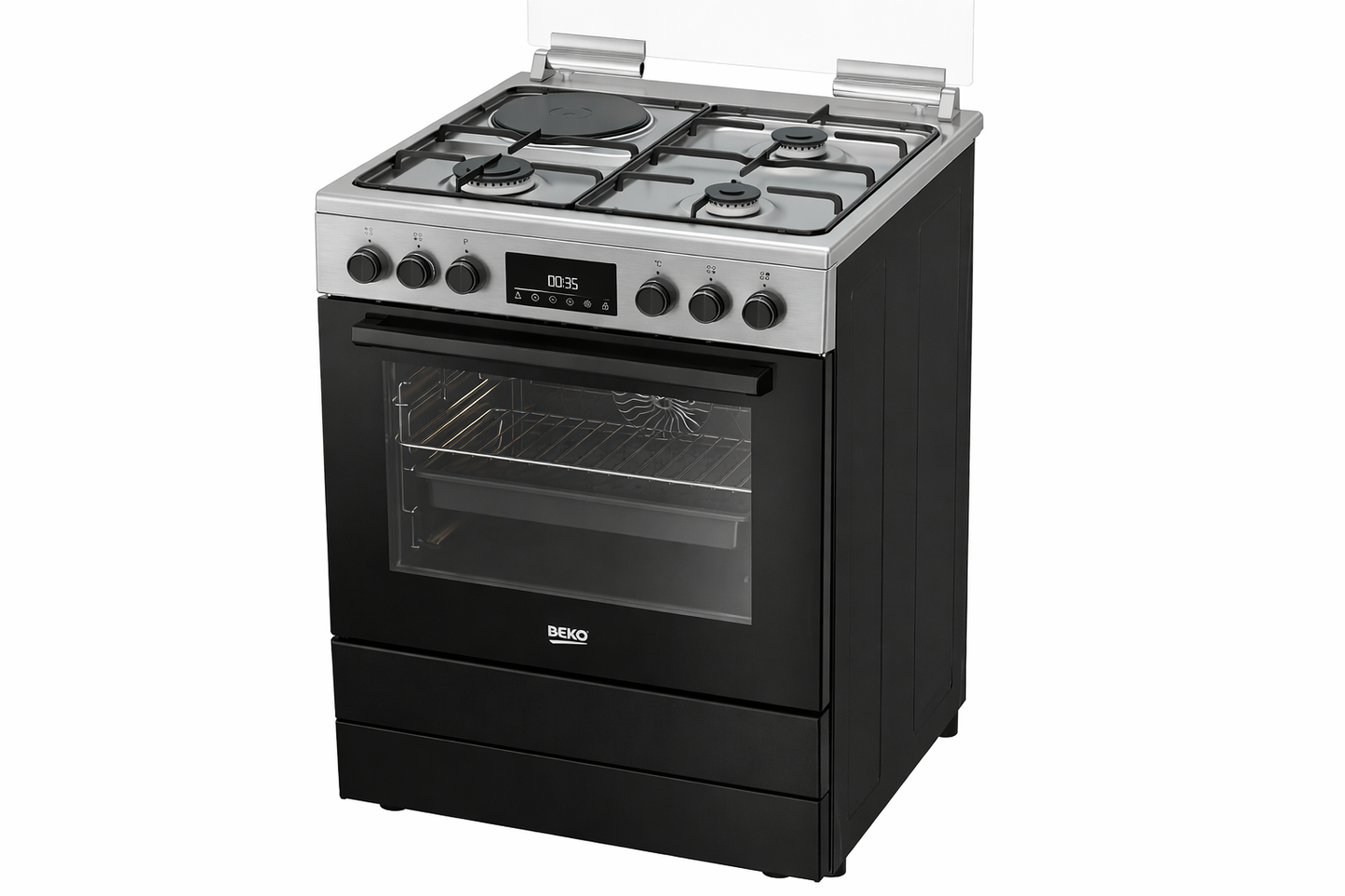Cuisinière BEKO mixte vue angle avec 4 foyersCuisinière BEKO mixte vue angle avec 4 foyers