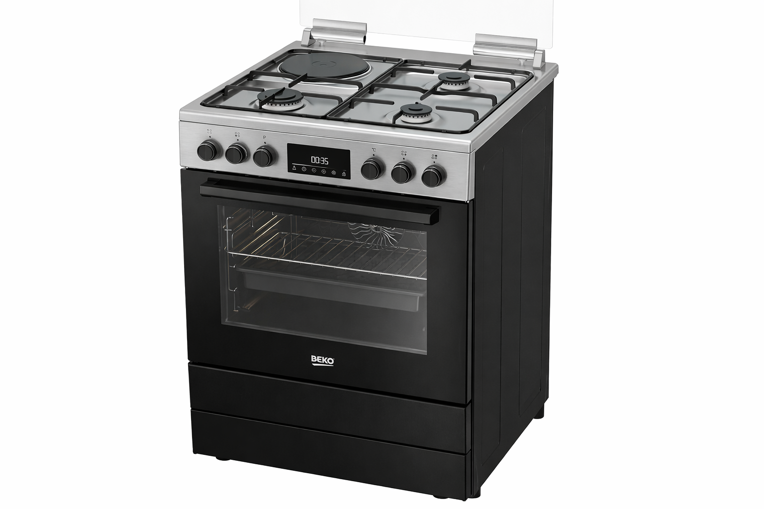 Cuisinière BEKO mixte vue angle avec 4 foyersCuisinière BEKO mixte vue angle avec 4 foyers