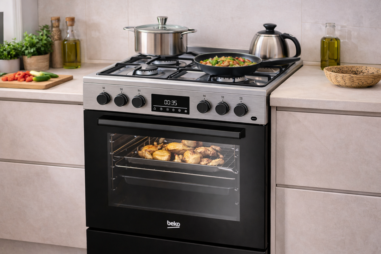 Cuisinière BEKO en utilisation avec cuisson de plusieurs plats