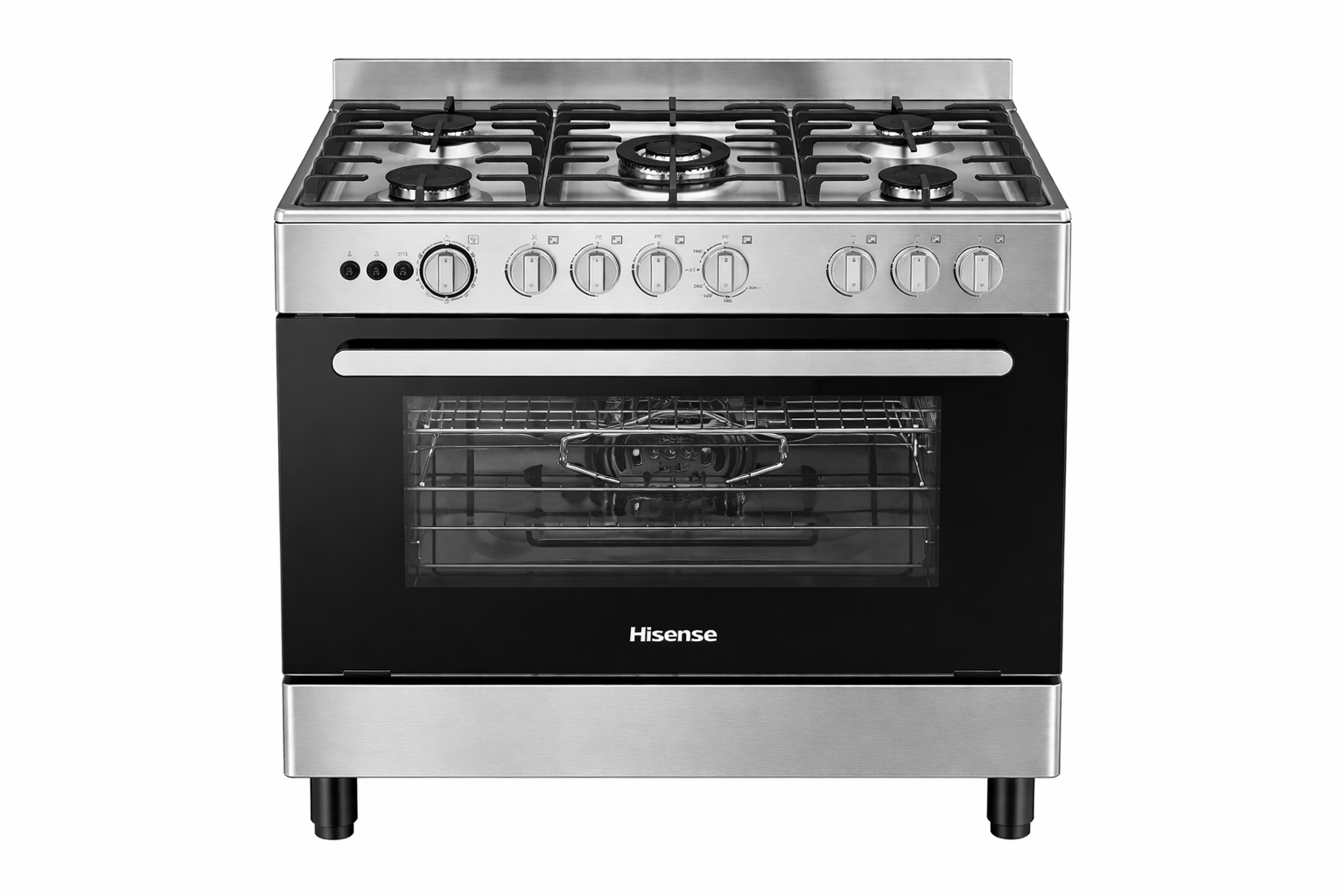 Cuisinière Hisense vue angle avec 5 brûleurs