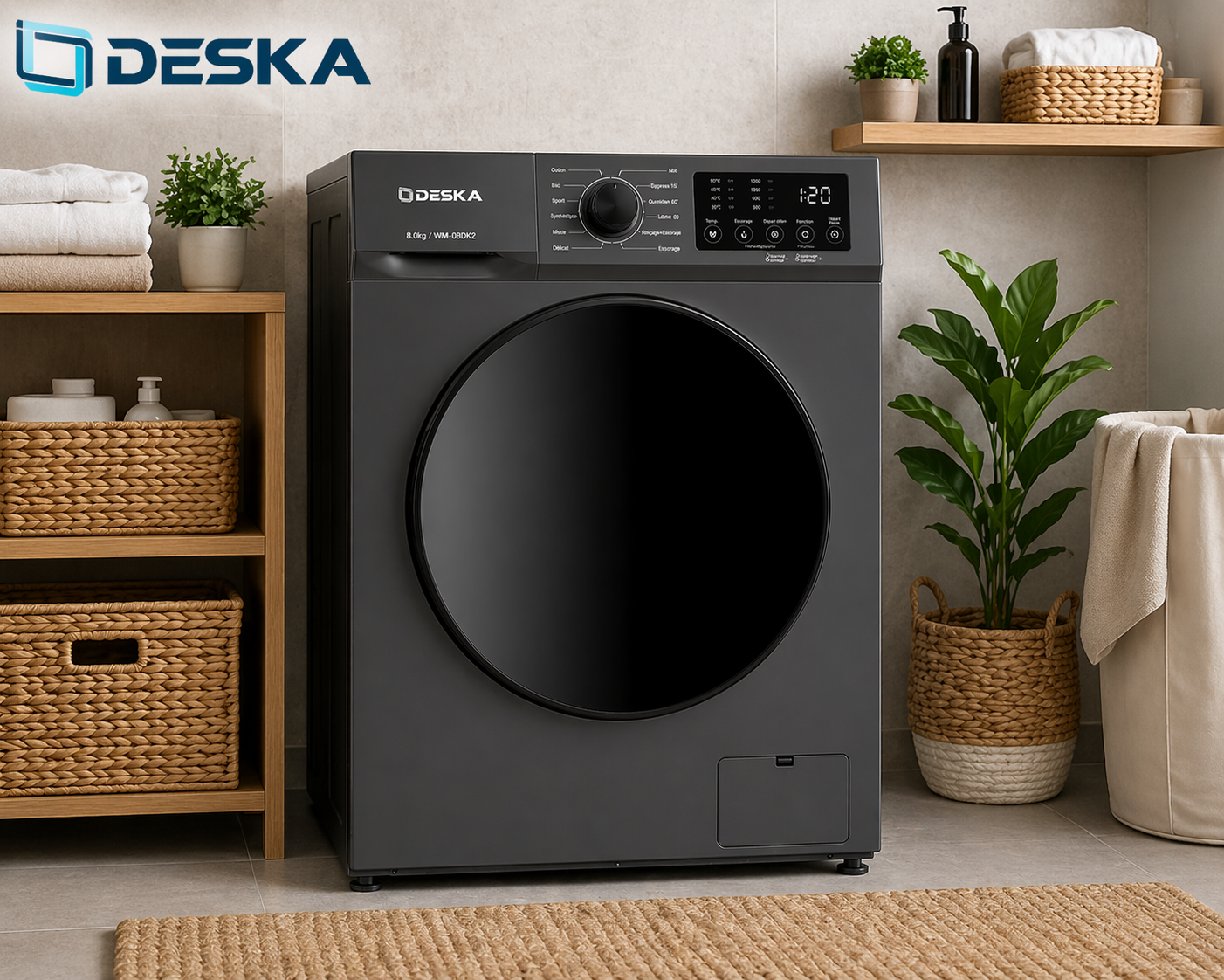 Machine à laver Deska 8KG en fonctionnement avec linge en rotation dans le tambour