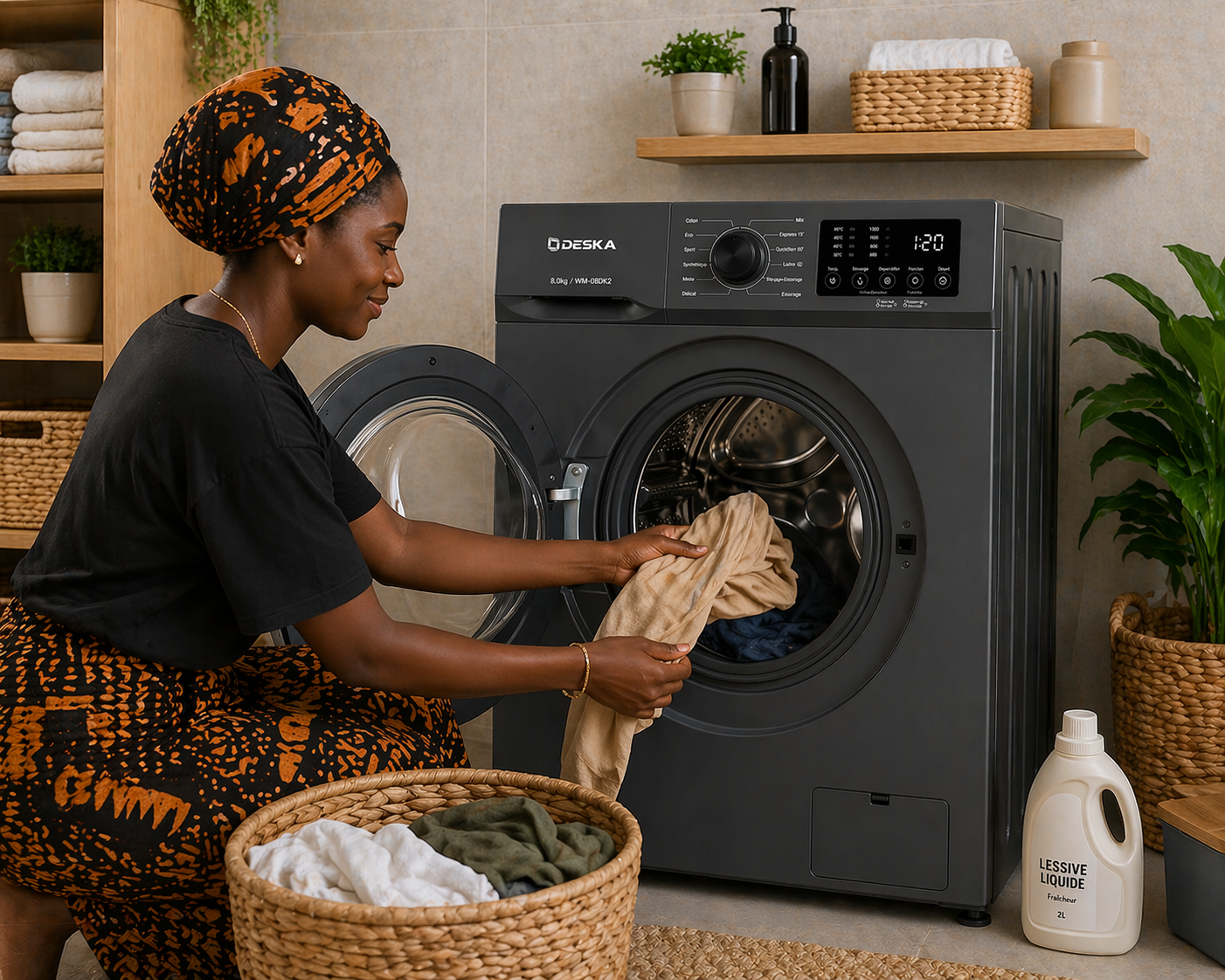 Femme sénégalaise utilisant une machine à laver Deska 8KG dans une buanderie moderne