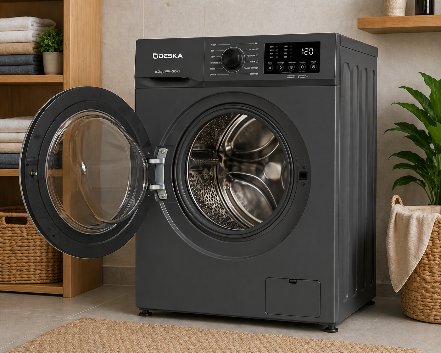 Machine à laver Deska 8KG vue de côté avec porte ouverte montrant le tambour intérieur