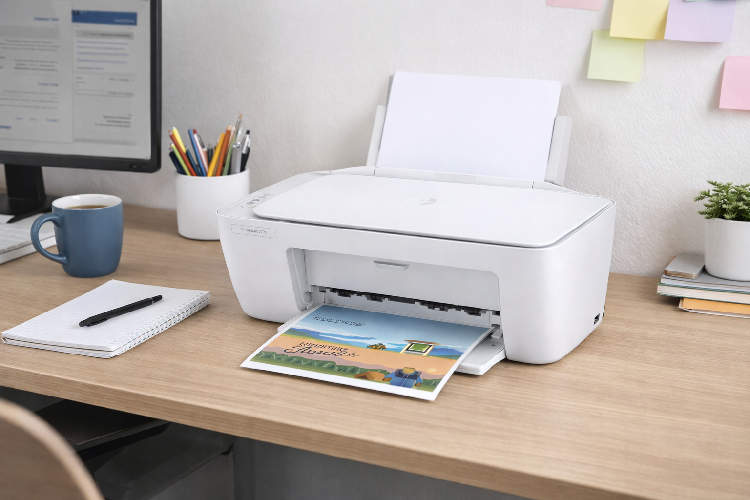 mprimante HP DeskJet 2320 installée sur un bureau moderne avec accessoires