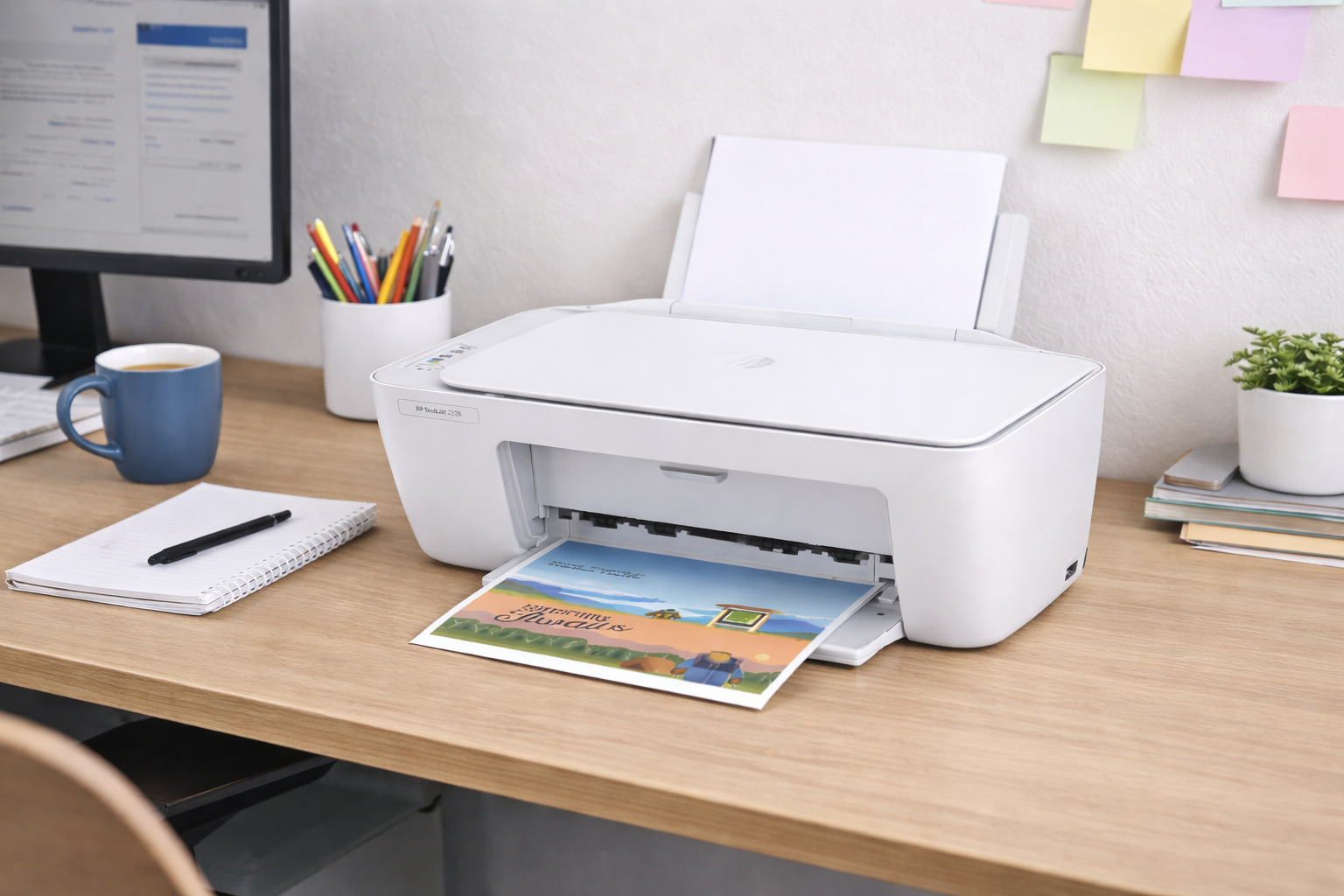 Imprimante HP DeskJet 2320 en train d’imprimer un document couleur haute qualité