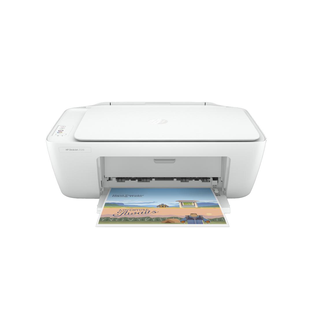 : Imprimante HP DeskJet 2320 blanche vue de face avec impression en cours