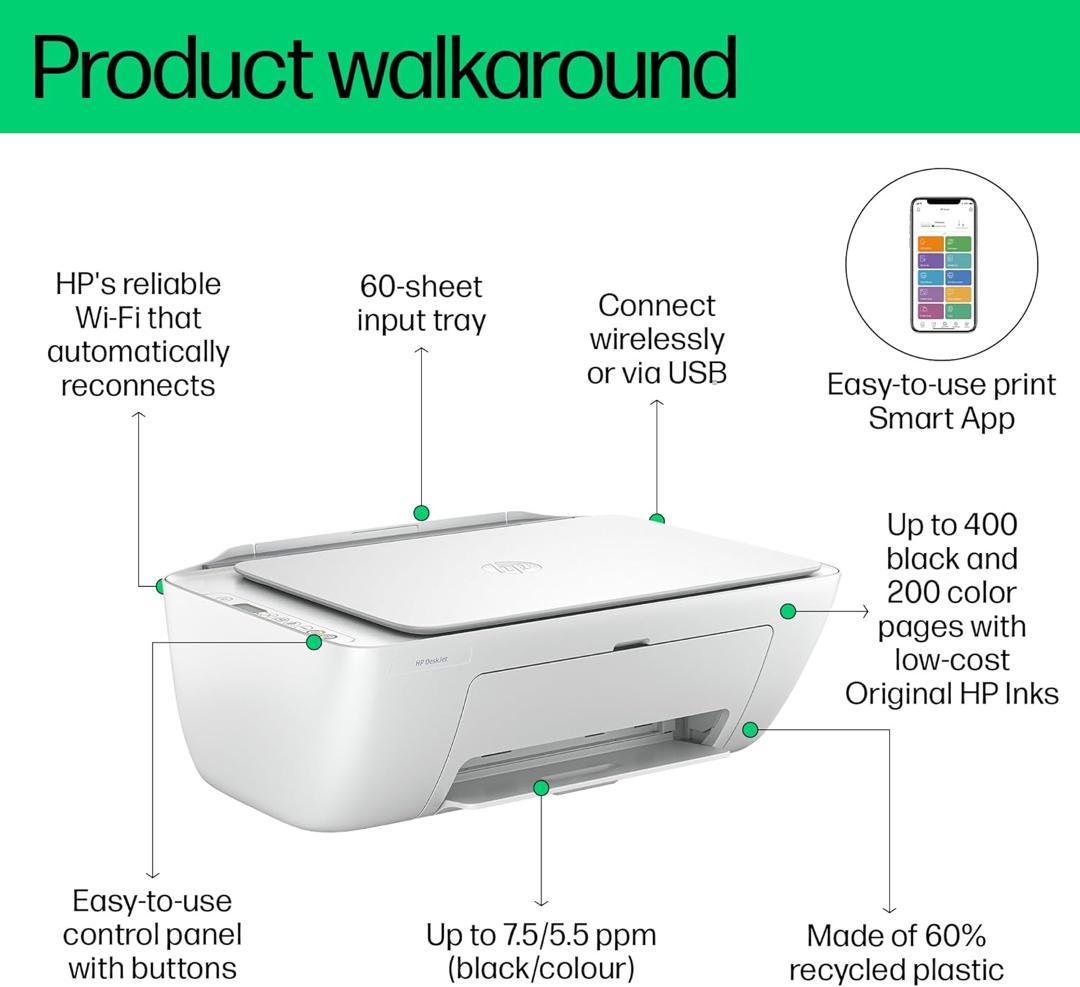 Imprimante HP DeskJet 2875 en train d’imprimer un document couleur