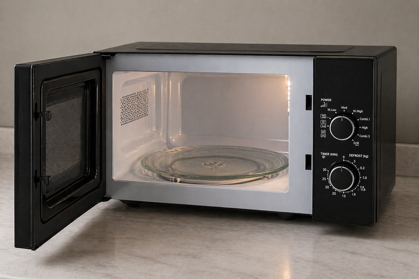 Intérieur du micro-ondes Astech 20L avec porte ouverte et plateau tournant visible